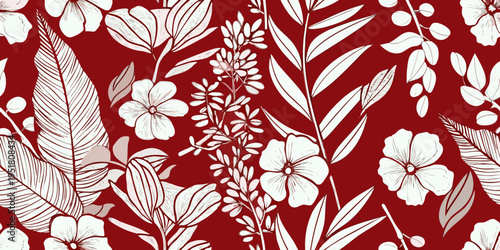 Elegant floral pattern with white blossoms and lush green foliage on red