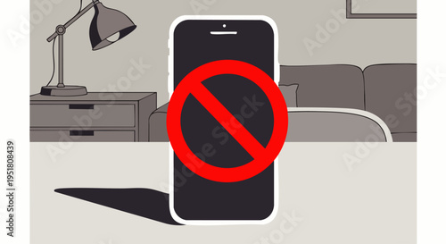 Illustration of a smartphone with a red 'no' symbol, symbolizing digital detox, screen time limits, and the importance of disconnecting from technology.