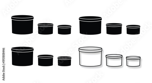 Collection of cylindrical containers in varying sizes depicted in black and white