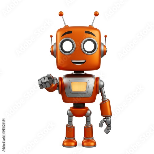 Orange Robot Pointing at Viewer – 3D Cartoon Character Direct Pose