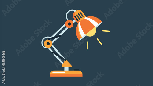 Modern orange and white desk lamp illustration is shown from a side view, casting a warm yellow light against a dark blue-gray background.