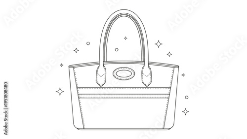 Fashionable line art illustration of a chic handbag with intricate stitching details and sparkling accents, on a white background.