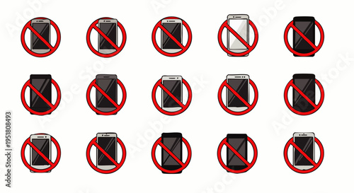 Fifteen distinct 'No Mobile Phone' signs, illustrating the prohibition of smartphone use, promoting silence, digital detox, and technology-free environments.