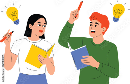 "Two individuals brainstorming with notebooks and pens, light bulbs above heads symbolizing learning, creativity, teamwork, problem-solving, and inspiration"