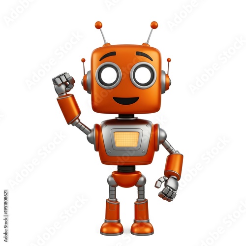 Orange Robot Victory Fist Pump Celebration – 3D Cartoon Character