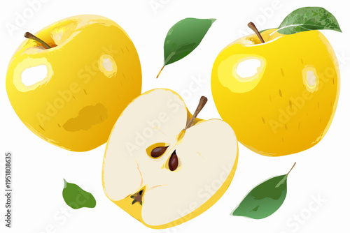 A collection of golden delicious apples including a sliced piece