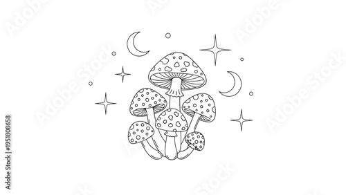 Mystical line art illustration featuring a cluster of spotted mushrooms surrounded by celestial elements like moons and stars, on a white background.