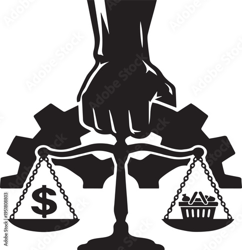 Simple Market Economy Balance Scale Silhouettes with Dollar Sign and Shopping Basket