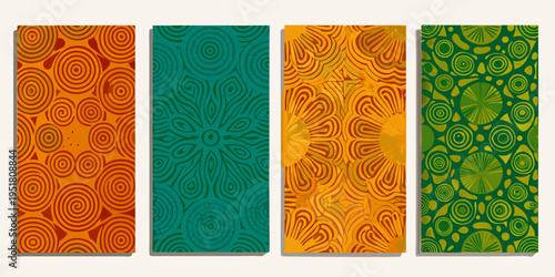 Four vibrant rectangular panels displaying intricate colorful patterned designs