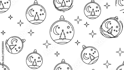 Festive seamless pattern featuring round Christmas ornaments adorned with winter scenes of trees, moons, and stars, in a minimalist line art style.