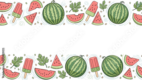 Refreshing horizontal border design featuring whole and sliced watermelons, watermelon popsicles, and seeds, perfect for summer themes.