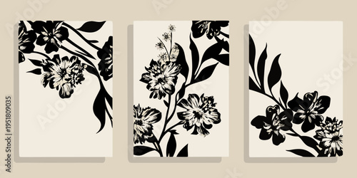 Canvas-taulu Elegant floral triptych featuring black and white botanical illustrations