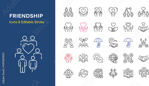 Friendship and Community Line Icon Set Featuring Heart Symbols Handshake Unity Teamwork Social Connection Support Care Relationship and Human Interaction Vector Illustrations