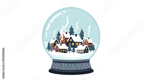 Magical illustration of a snow globe enclosing a charming winter village with cozy houses and snow-covered pine trees, under falling snow.