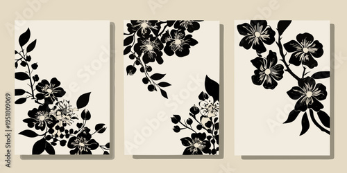 Triptych of black floral branches against a light beige background