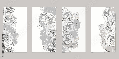 Four vertical panels displaying delicate grayscale floral rose patterns