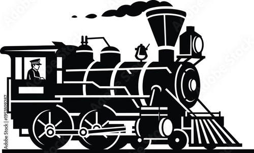 Vintage steam locomotive train engine with smoke