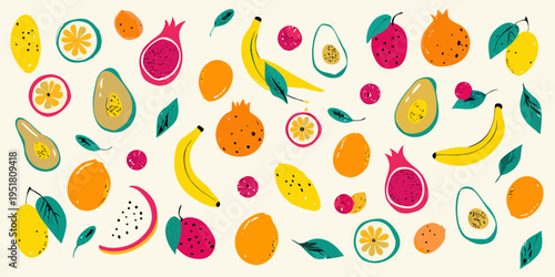 Colorful assortment of tropical and citrus fruits with vibrant green leaves