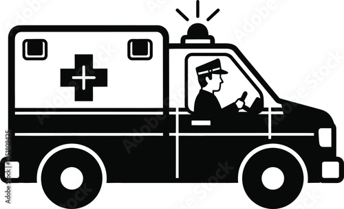 Black and white illustration of an ambulance