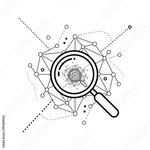 Magnifying glass over network connections and nodes on white background symbolizing investigation and data analysis in a digital context