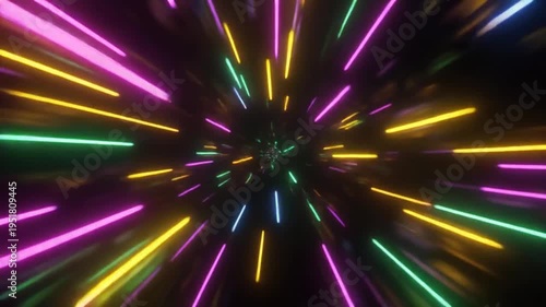 Abstract tunnel of colorful neon lights dynamic motion background