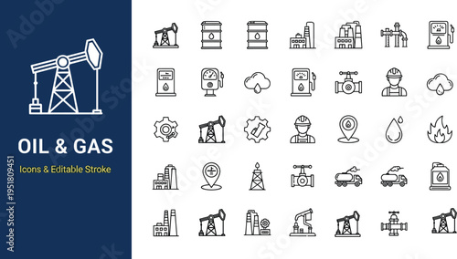 Oil and Gas Industry Line Icon Set Featuring Energy Extraction Refinery Fuel Pump Pipeline Tanker Truck and Petrochemical Production Vector Illustrations