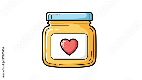 Sweet illustration of a jar filled with golden honey, featuring a heart label, symbolizing love and natural goodness.