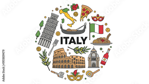 Vibrant circular composition celebrating Italy, featuring iconic landmarks like the Colosseum and Leaning Tower, along with delicious Italian food and culture.