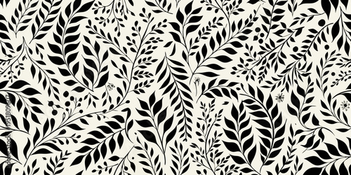 Elegant black and white floral pattern with dense leafy branches