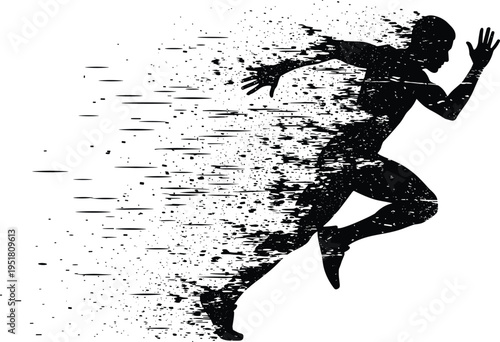 Dynamic running man silhouette with motion blur effect fast speed sprinter athlete trail isolated on white background sports vector illustration