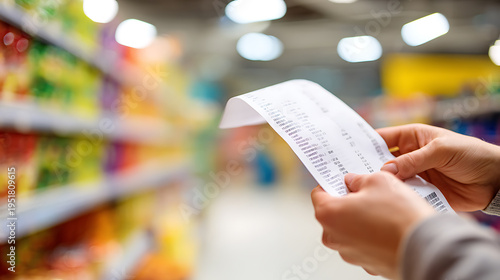 Person holds paper receipt in a vibrant grocery store aisle, checking expenses or shopping list with blurred shelves of colorful products