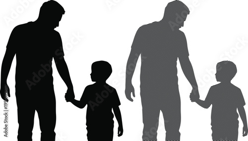 Two Fathers Holding Hands With Sons Silhouettes on White Background