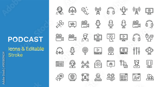 Podcast line icons set featuring microphones, headphones, studio equipment, audio streaming, radio broadcasting, video recording, live streaming, and voice recording.