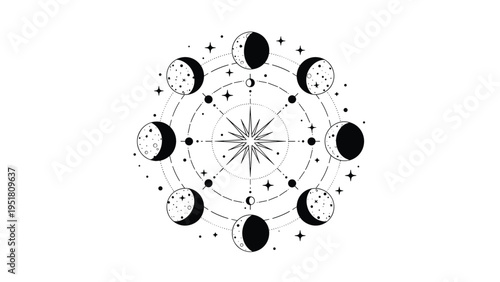 Mystical black and white celestial compass design illustrating moon phases, a central star, and scattered small stars, representing cosmic guidance.