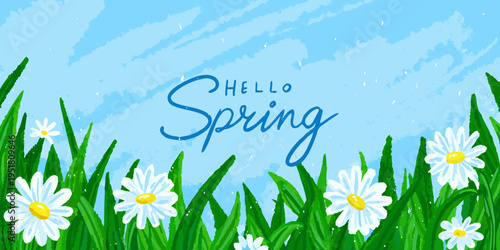 A cheerful spring illustration featuring daisies grass and handwritten text