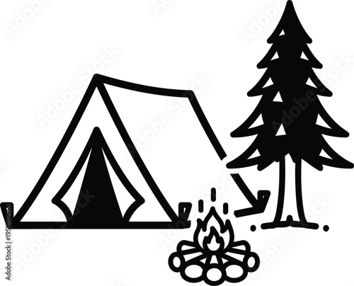 Camping scene with tent campfire and pine tree