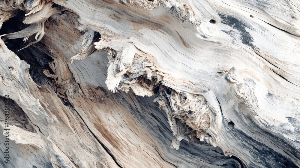 Obraz premium A close-up view reveals the intricate texture and abstract patterns of weathered driftwood, creating a natural and organic backdrop with a sense of age and history.