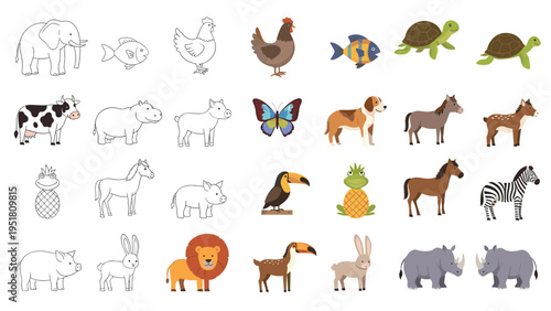 Large set of animal icons featuring various farm and wild animals in both colored cartoon and simple black and white outline styles.