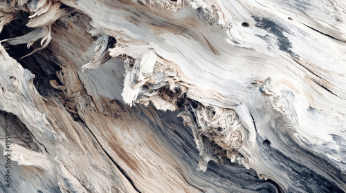 A close-up view reveals the intricate texture and abstract patterns of weathered driftwood, creating a natural and organic backdrop with a sense of age and history.