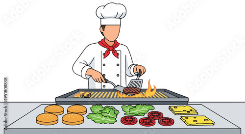 A chef grilling burgers and preparing toppings on a grill and tray in a kitchen setting with a white background.