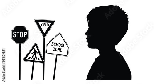 Silhouette of a boy's profile with traffic and school zone signs