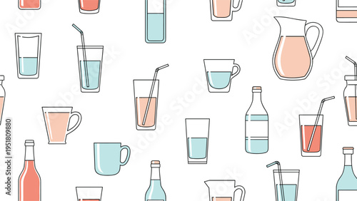 Refreshing seamless pattern featuring doodle line art of diverse beverage containers, including bottles, glasses, and pitchers, with soft pastel colors.