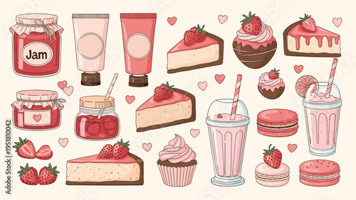 Delightful collection of strawberry-themed items, including cheesecakes, cupcakes, macaroons, jam, and skincare products, in a romantic pink palette.