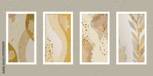 Four abstract framed prints with neutral and golden watercolor textures