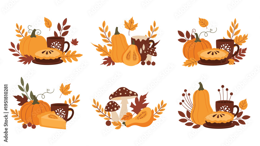 Obraz premium Charming collection of autumn harvest compositions, featuring pumpkins, squash, pie slices, mushrooms, and fall leaves, in warm seasonal colors.