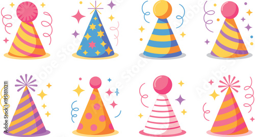 Birthday party hats vector set with stars and confetti, colorful celebration caps for festive holiday events