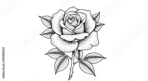 A detailed black and white line drawing of a single rose