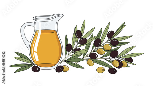 Beautiful illustration of a glass pitcher filled with golden olive oil, surrounded by lush olive branches with black and green olives.