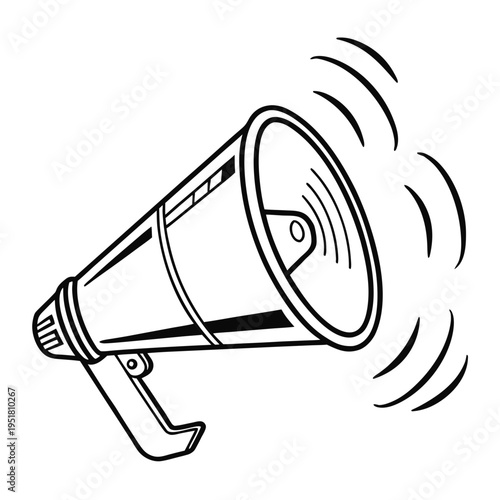 Bold black and white megaphone with sound waves for public address and protest themes