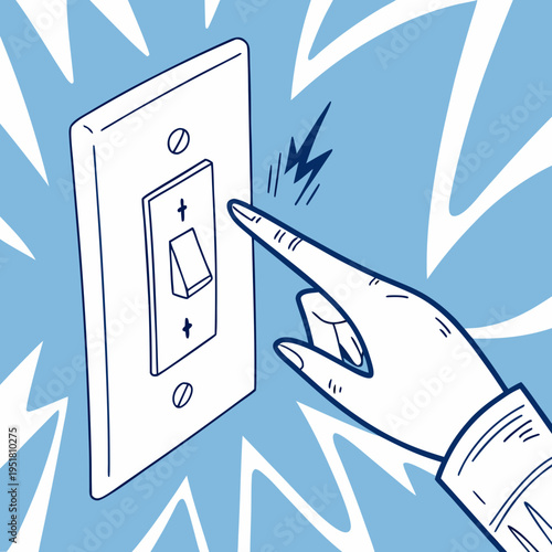 Human finger pressing classic wall light switch to turn on or off electrical device